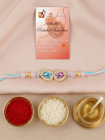 Rakhi for Brother with Blue & Pink drop AD Pendant, Smooth Pastel Beads,Roli Chawal & Card (176-CHR1-1279-PKF-1-2026)