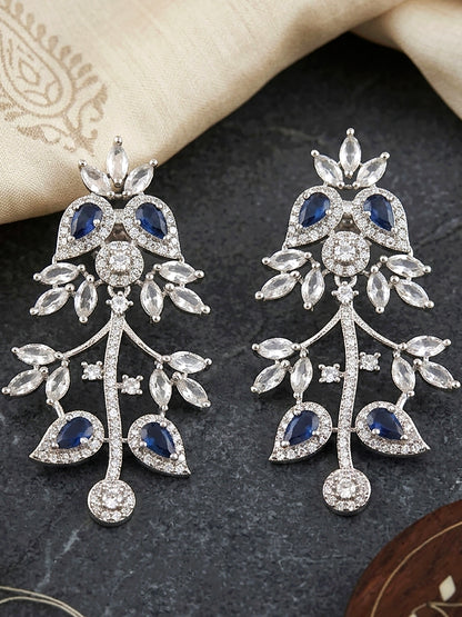 Lucky Jewellery Silver-Tone Blue Stone & American Diamond Necklace Set with Earrings for Women – Office, Party & Function Wear (1948-K4SA-2241-B-S)