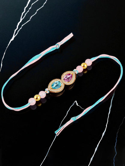 Lucky Jewellery Designer Pink & Turquoise Color Stone Rakhi - Rakshabandhan Pearl Rakhee Bracelet for Brother/Bhaiya/Bhai/Bhabhi - Pack of 1 (176-CHR1-1279-PKF-1)