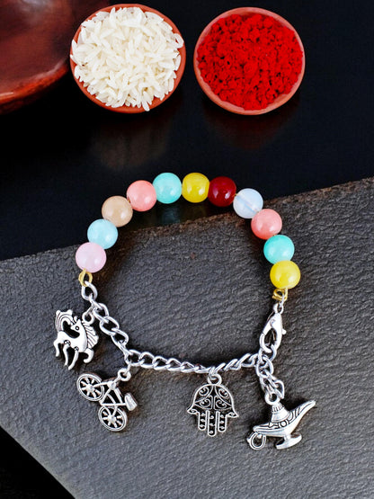 Lucky Jewellery Designer Oxidised Silver Charm Rakhi - Rakshabandhan Multi Color Beads Rakhee Pearl Lumba Bracelet for Brother/Bhaiya/Bhai/Bhabhi - Pack of 1 (158-N4B2O-1991-MT)
