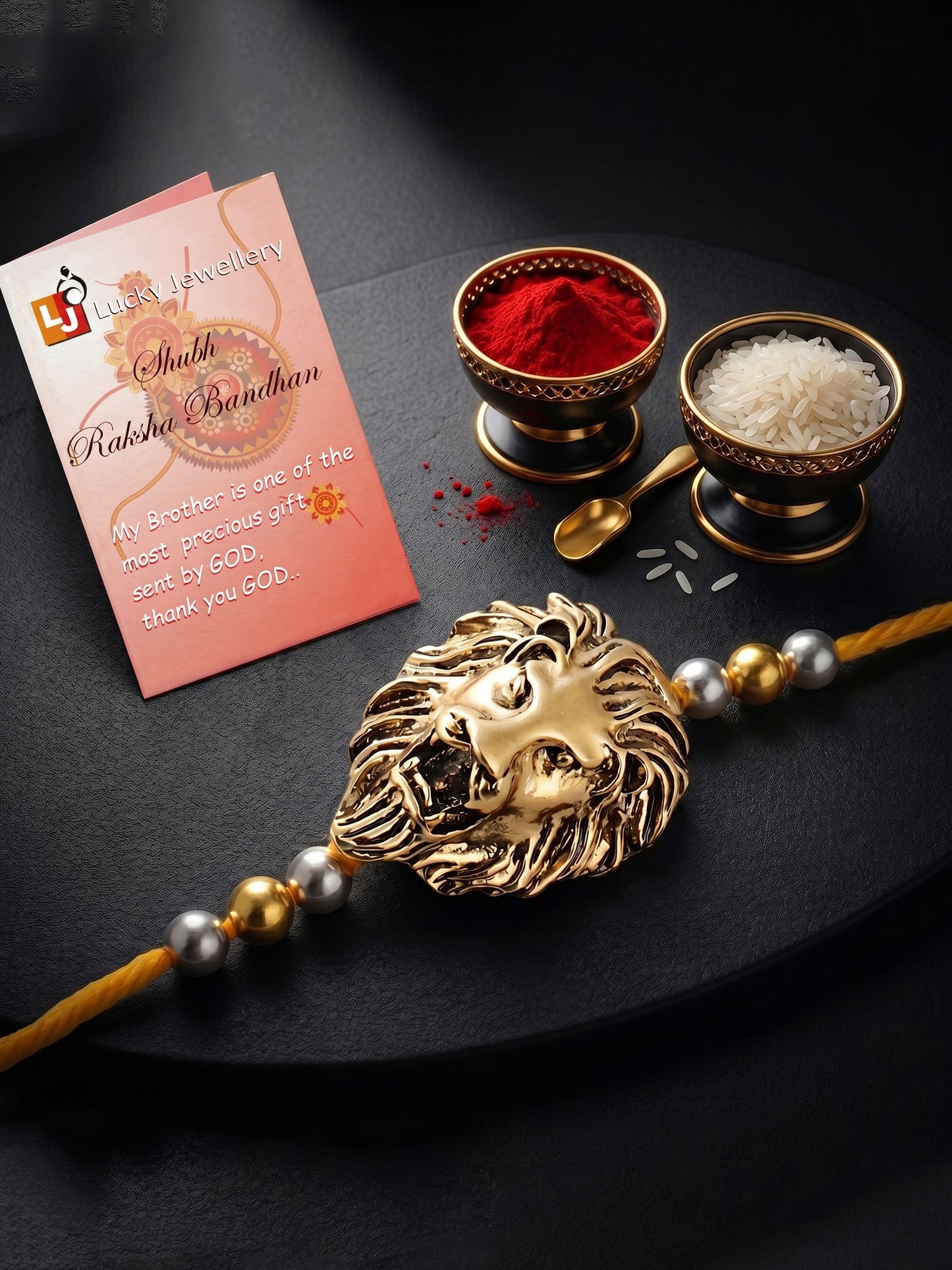 Golden Lion Pendant Rakhi for Brother with Metallic Beads, Roli Chawal & Card (140-CHR1-1175-1-2026)