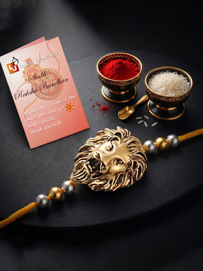 Golden Lion Pendant Rakhi for Brother with Metallic Beads, Roli Chawal & Card (140-CHR1-1175-1-2026)