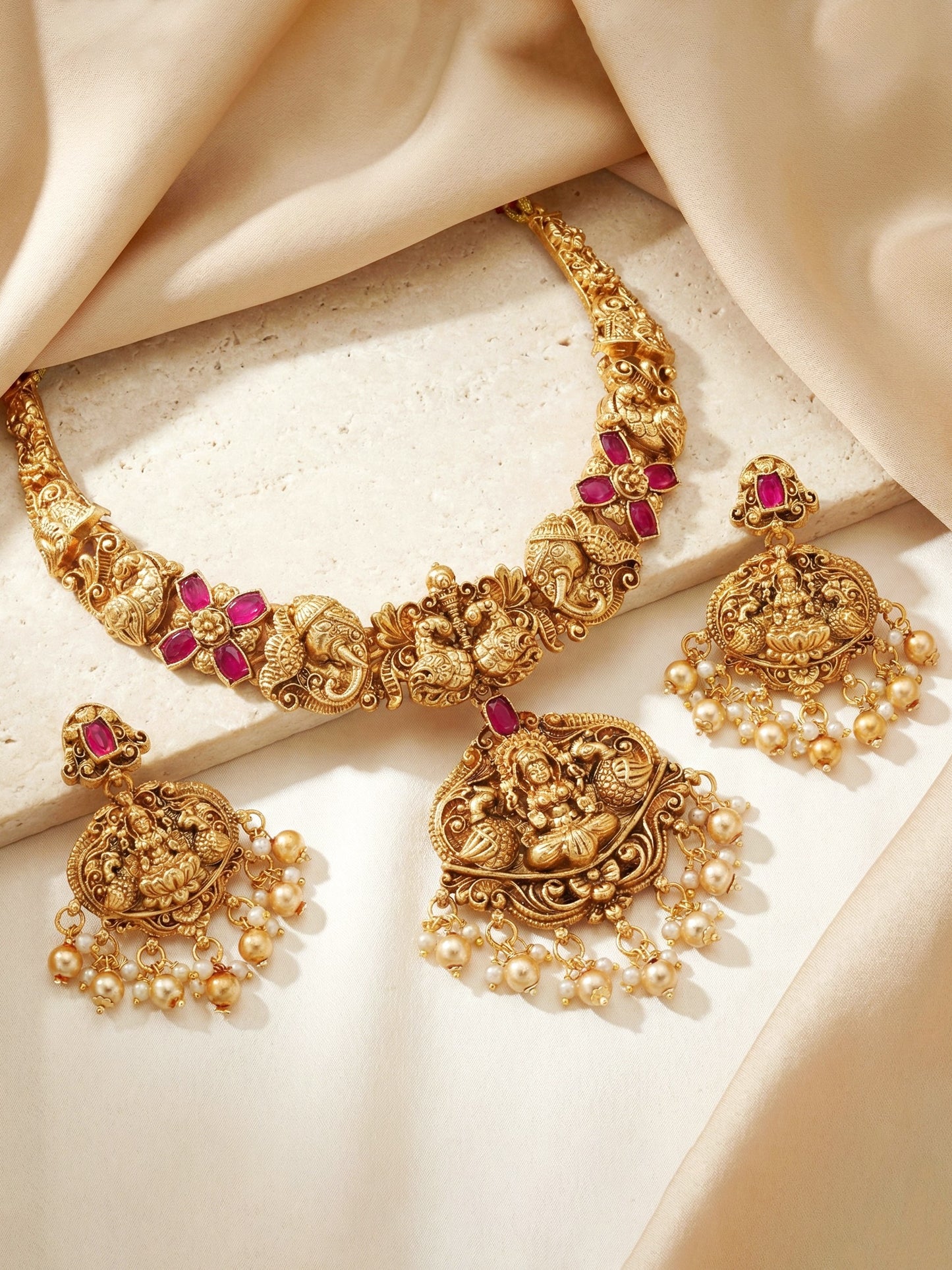 Traditional Antique Gold-Tone Temple Jewellery Necklace Set for Women with Goddess Lakshmi Pendant & Matching Earrings(1122-ISR-2178-R)