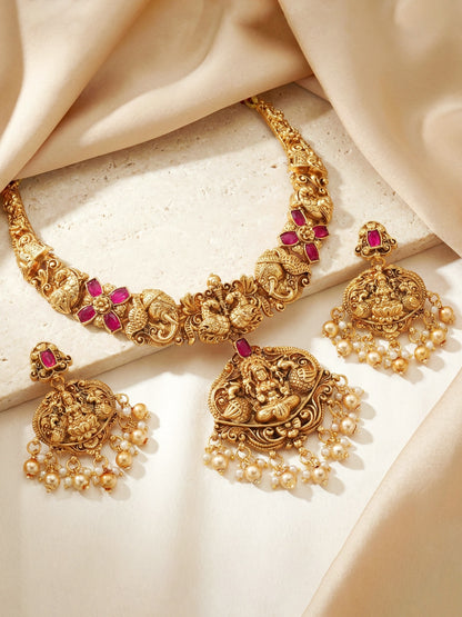 Traditional Antique Gold-Tone Temple Jewellery Necklace Set for Women with Goddess Lakshmi Pendant & Matching Earrings(1122-ISR-2178-R)