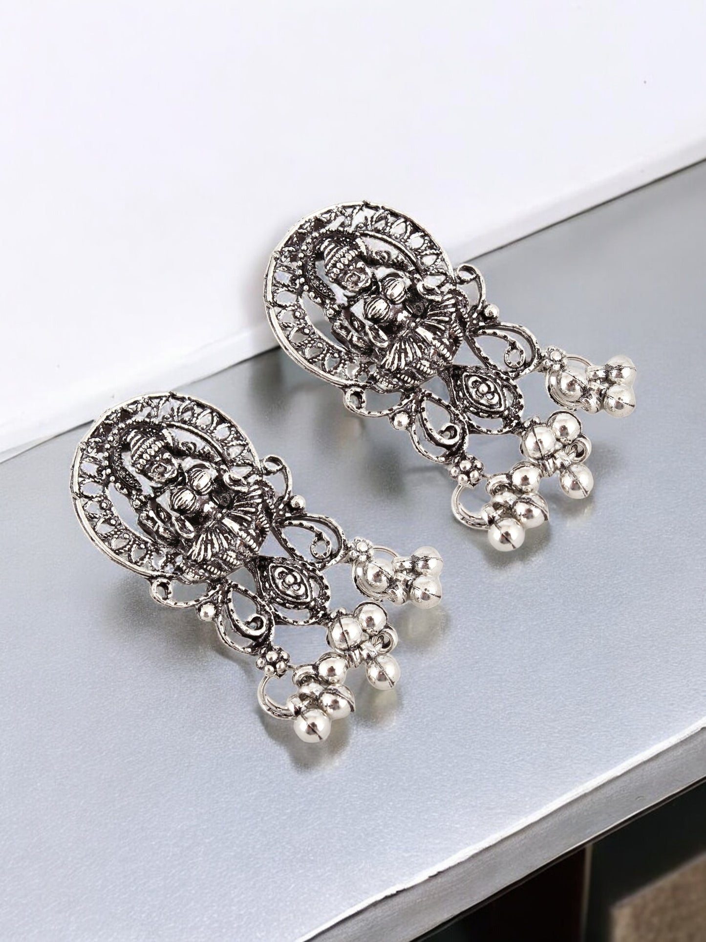 Oxidised Silver Goddess Laxmi Temple Jewellery Necklace Set with Earrings