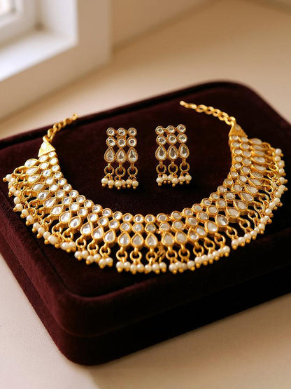 Gold Plated Beaded Choker Necklace Set with Earrings for Women and Girls