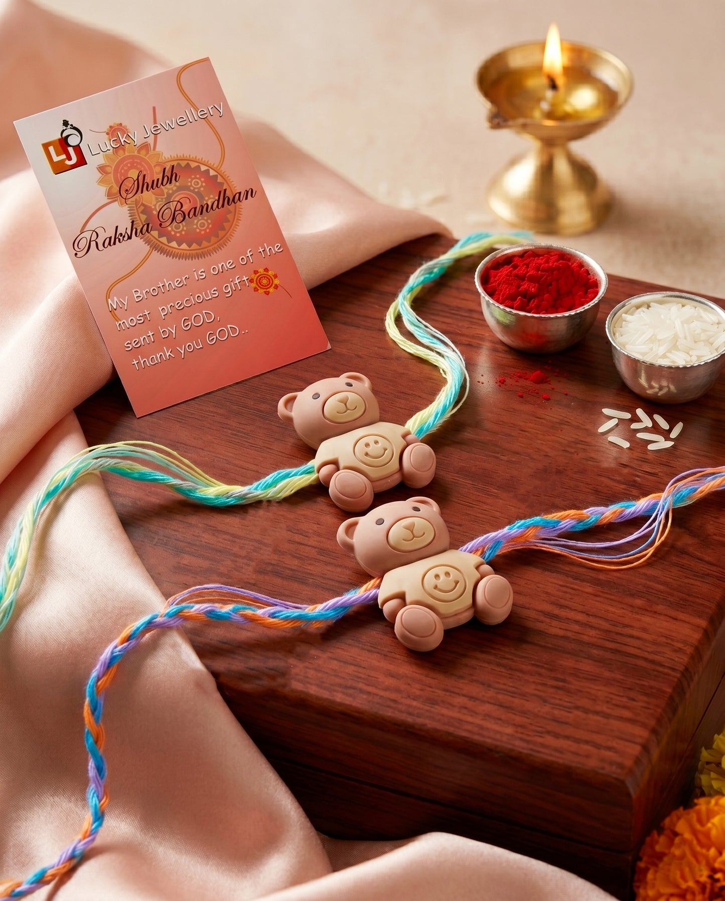 Set of 2 Cute Teddy Bear Kids Rakhi with Colorful Thread, Roli Chawal & Card (80-CHR1-1949-2-2026)
