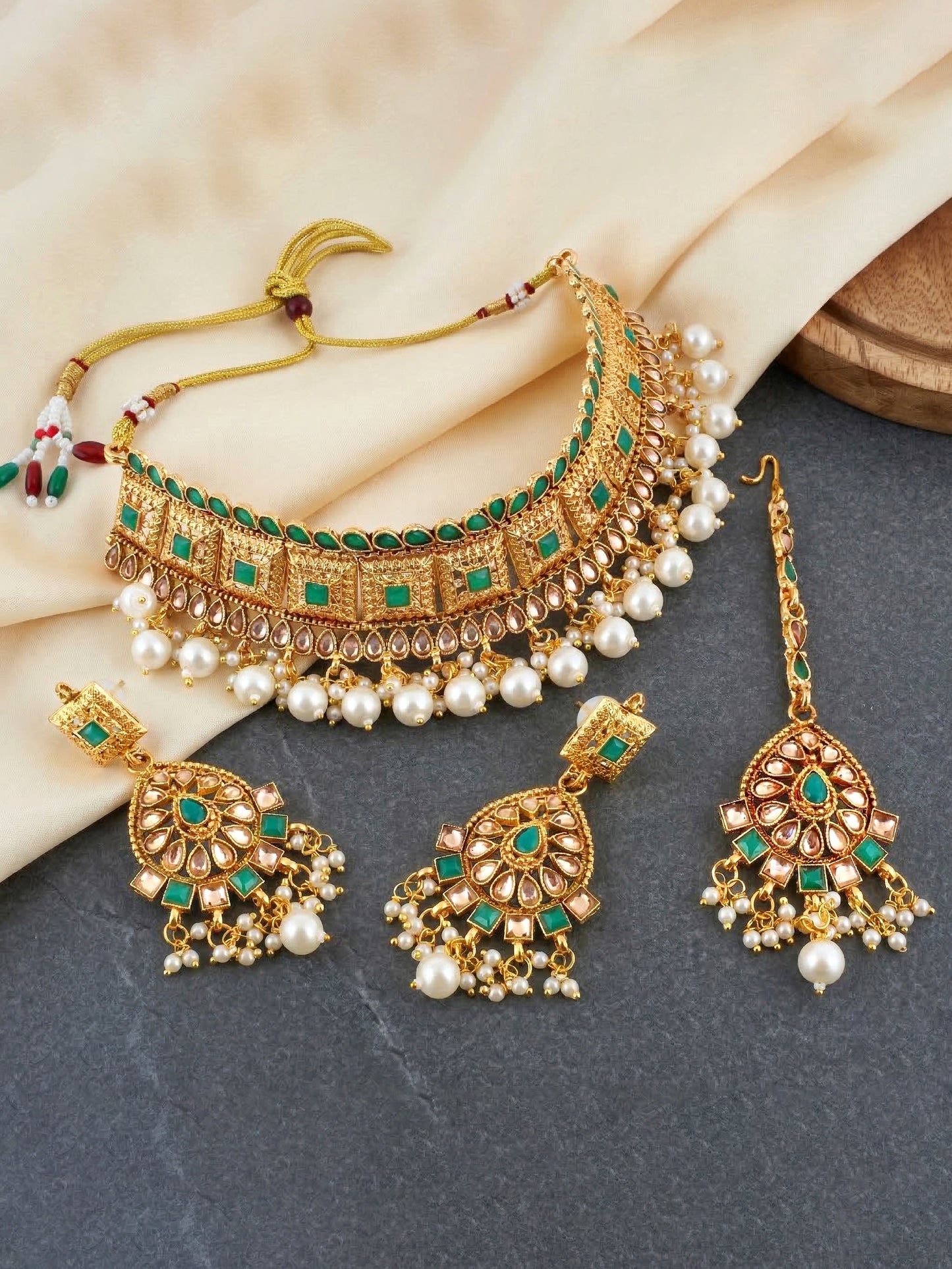 Lucky Jewellery Gold-Plated Green Color Choker Set with Tikka (866-G2SR-006-G)