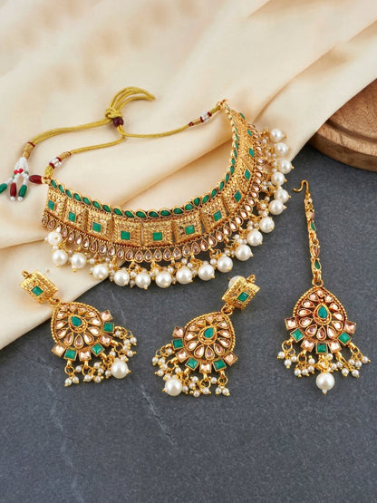 Lucky Jewellery Gold-Plated Green Color Choker Set with Tikka (866-G2SR-006-G)