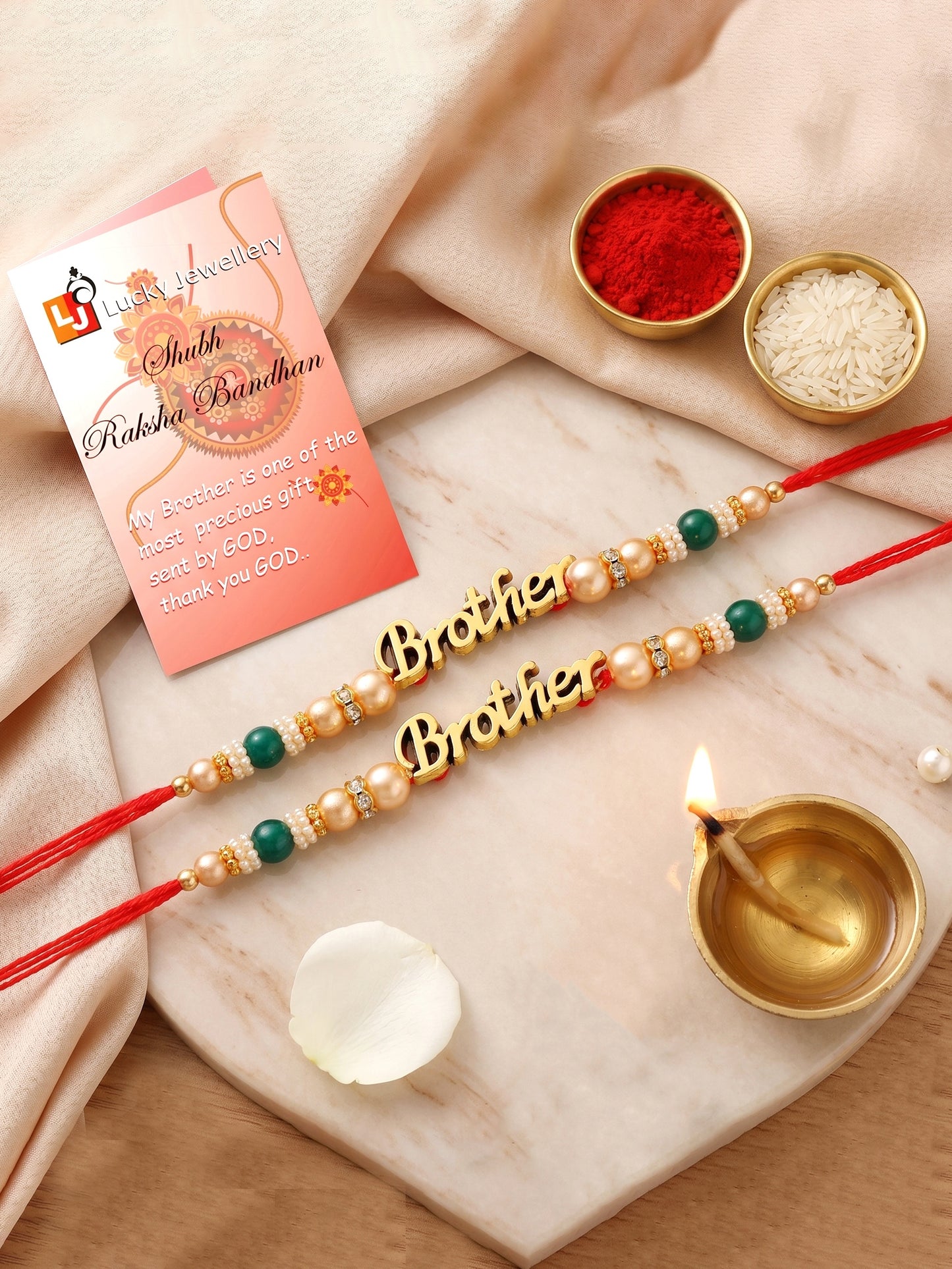 Lucky Jewellery Set of 2 Gold Brother Rakhi with Green Beads, Roli, Chawal & Card (66-CHR1-1964-2-2026)