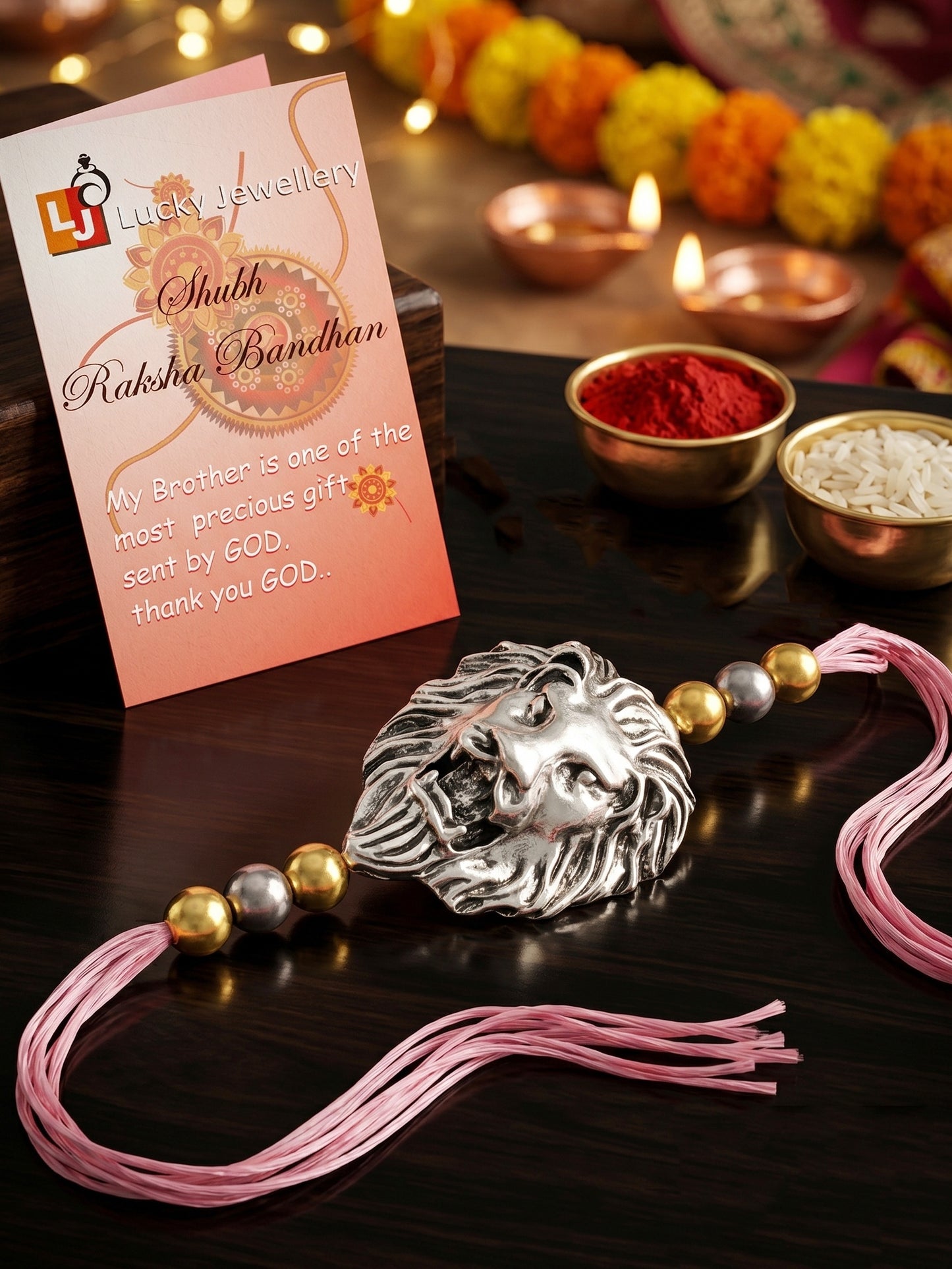 Silver Lion Pendant Rakhi for Brother with Metallic Beads, Roli Chawal & Card (140-CHR1-1175-S-1-2026)