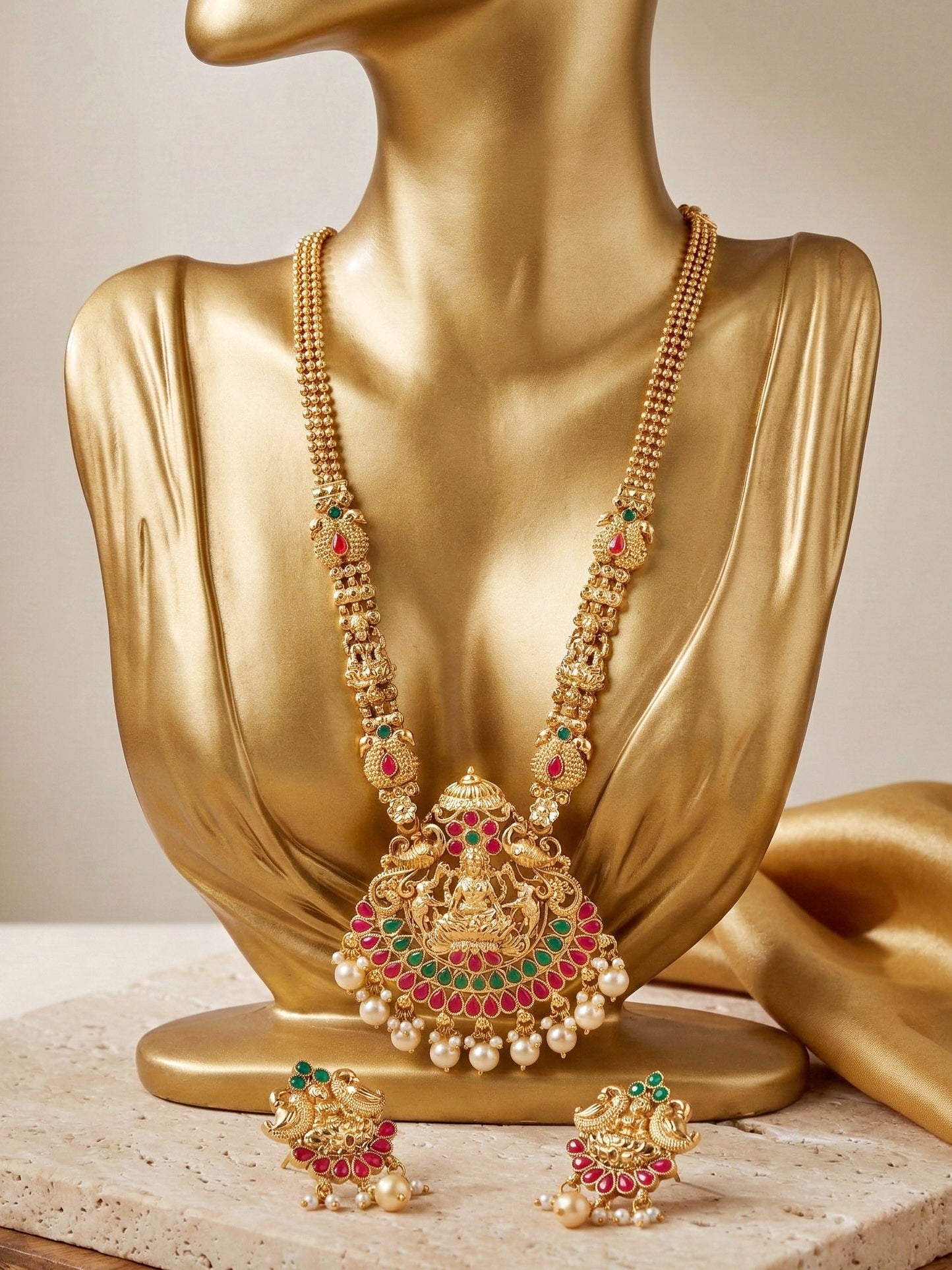 Lucky Jewellery Gold-Plated Laxmi Idol Temple Ruby & Green Color Necklace Set (660-G2SR-202-RG)