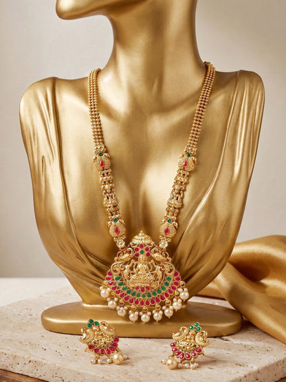 Lucky Jewellery Gold-Plated Laxmi Idol Temple Ruby & Green Color Necklace Set (660-G2SR-202-RG)