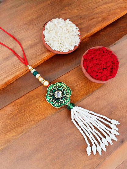 Lucky Jewellery Designer Green Color Meena Rakhi - Rakshabandhan Rakhee with Pearl Lumba Bracelet for Brother/Bhaiya/Bhai/Bhabhi - Pack of 2 (130-JPCR1-1853-G-2)