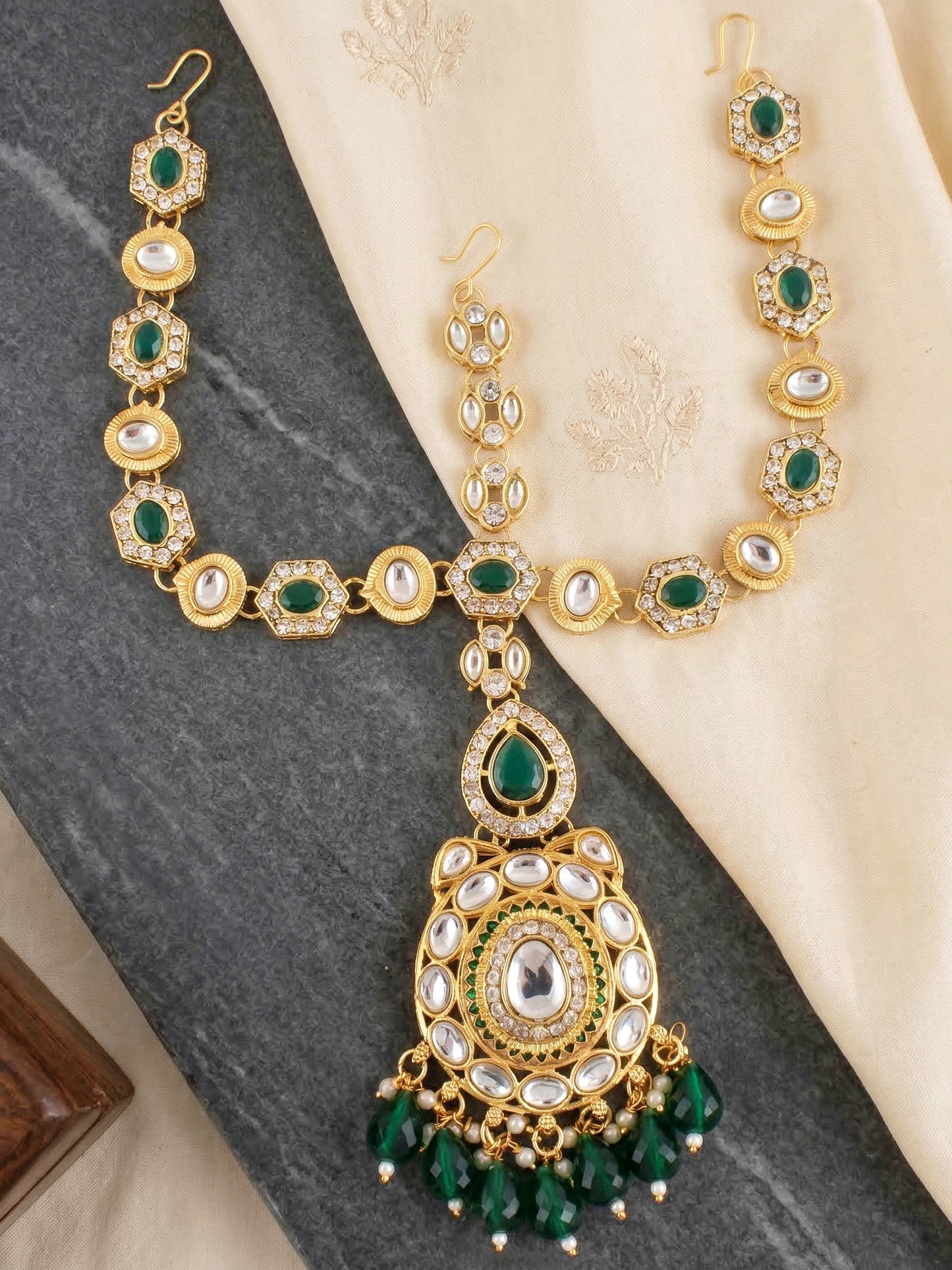 Bridal AD Green Stone Heavy Choker Jewellery Set with Sheesh Patti, Nath & Jhumka (3300-M8ZK-1103-G)