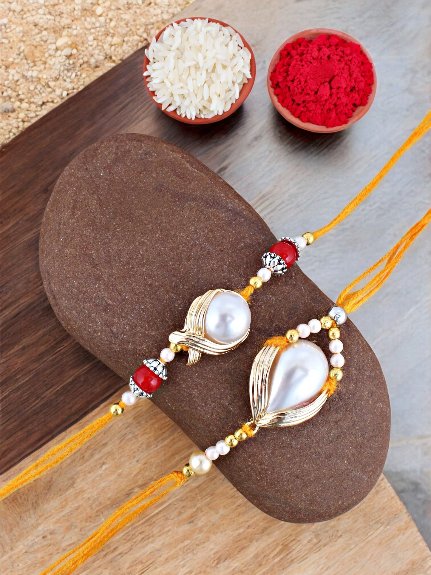 Lucky Jewellery Designer Gold Plated Pearl Rakhi - Rakshabandhan Rakhee Lumba Bracelet for Brother Bhaiya Bhai Bhabhi - Pack of 2 (275-CHR1-1137-2)