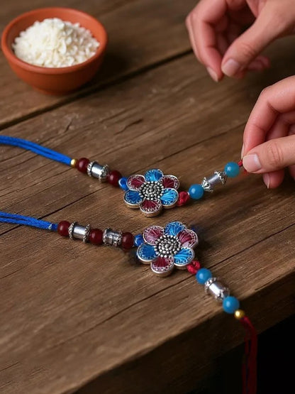 Lucky Jewellery Designer Oxidised Silver Rakhi - Rakshabandhan Magenta & Turquoise Color Meena Rakhee Bracelet for Brother/Bhaiya/Bhai/Bhabhi - Pack of 2 (106-CHR1-1967-RF-S-2)