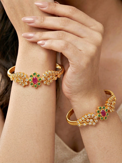 Gold-Plated AD Floral Pink & Green Stone Bangle (612-C1BG-2196-2)