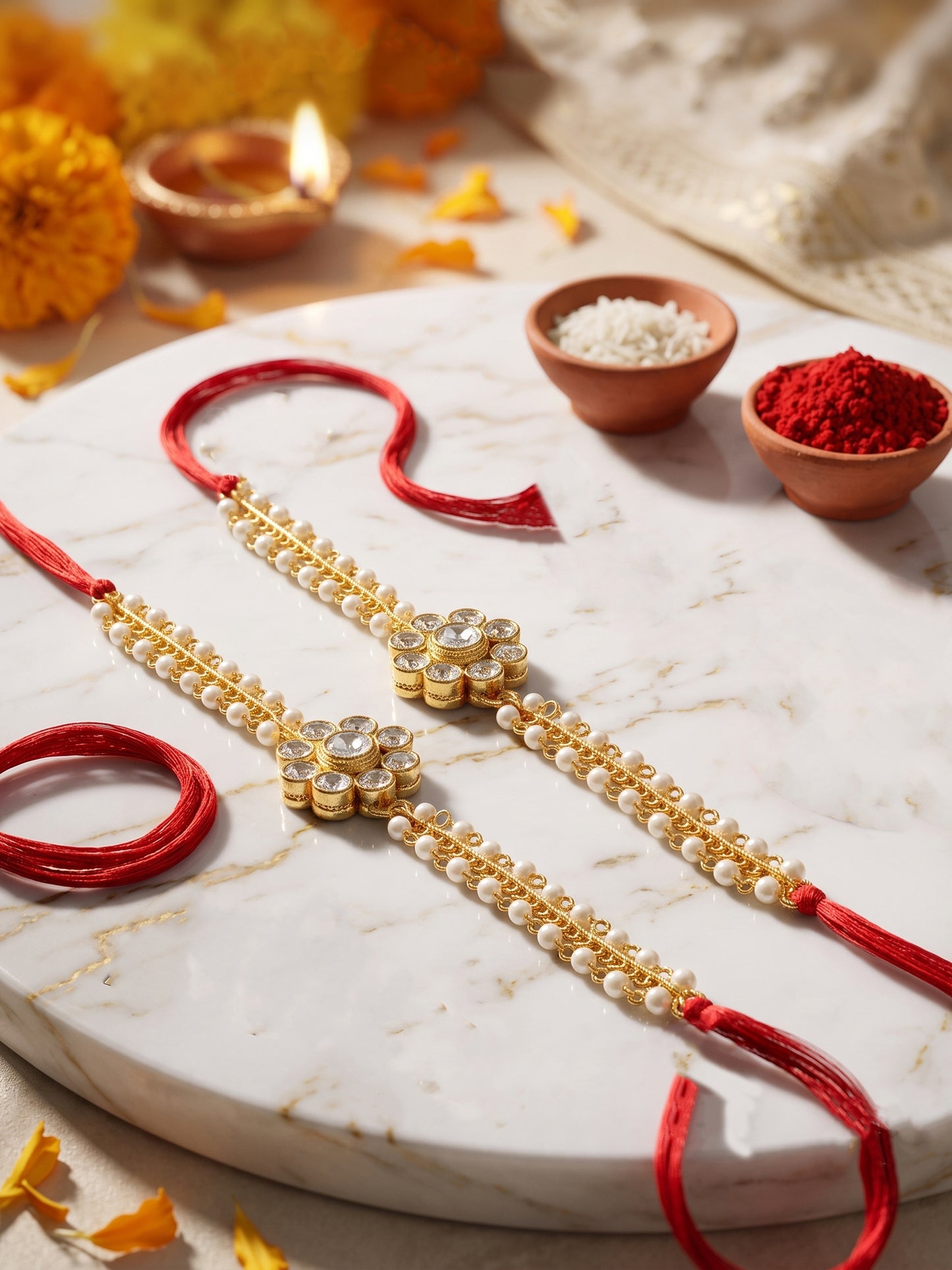 LUCKY JEWELLERY Traditional Rakhi for Brother/Bhaiya – Gold Plated Red Thread Rakshabandhan Rakhie White Stones for Bhai/Bhabhi (Pack of 2) – Fancy Rakhee Bracelet Rakshasutra (198-L1R1-26-W-2-2026)