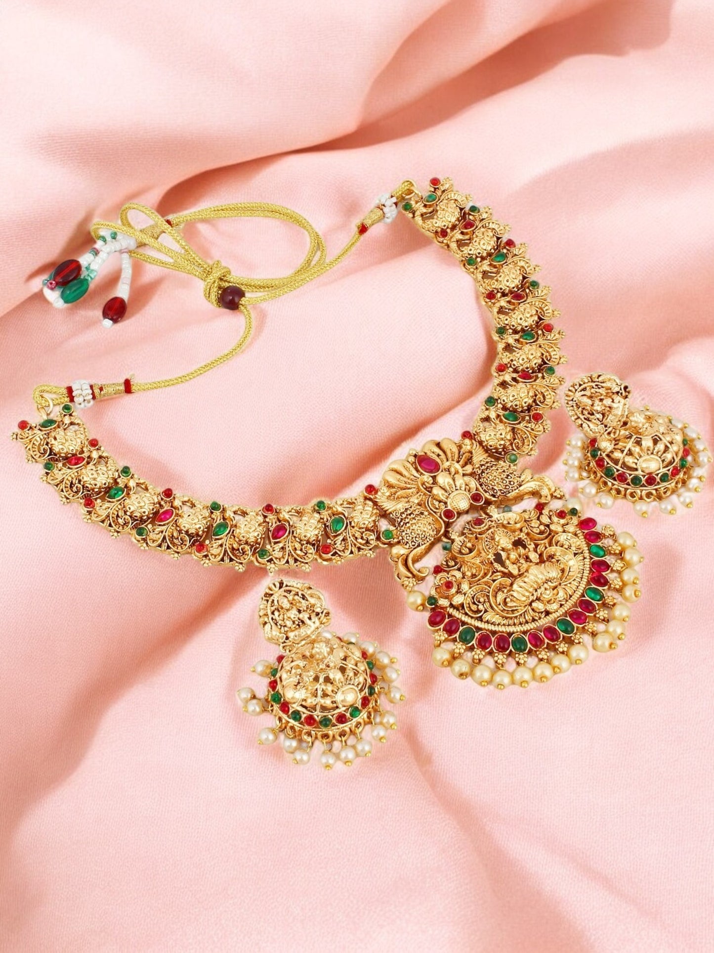 Traditional Temple Jewellery Set Goddess Lakshmi Design Necklace with Earrings