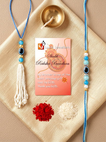 Set of 2 Bhaiya Bhabhi Evil Eye Rakhi Set with Blue & White Beads, Lumba Tassel, Roli Chawal & Card (72-J5R1-1992-EE-2-2026)