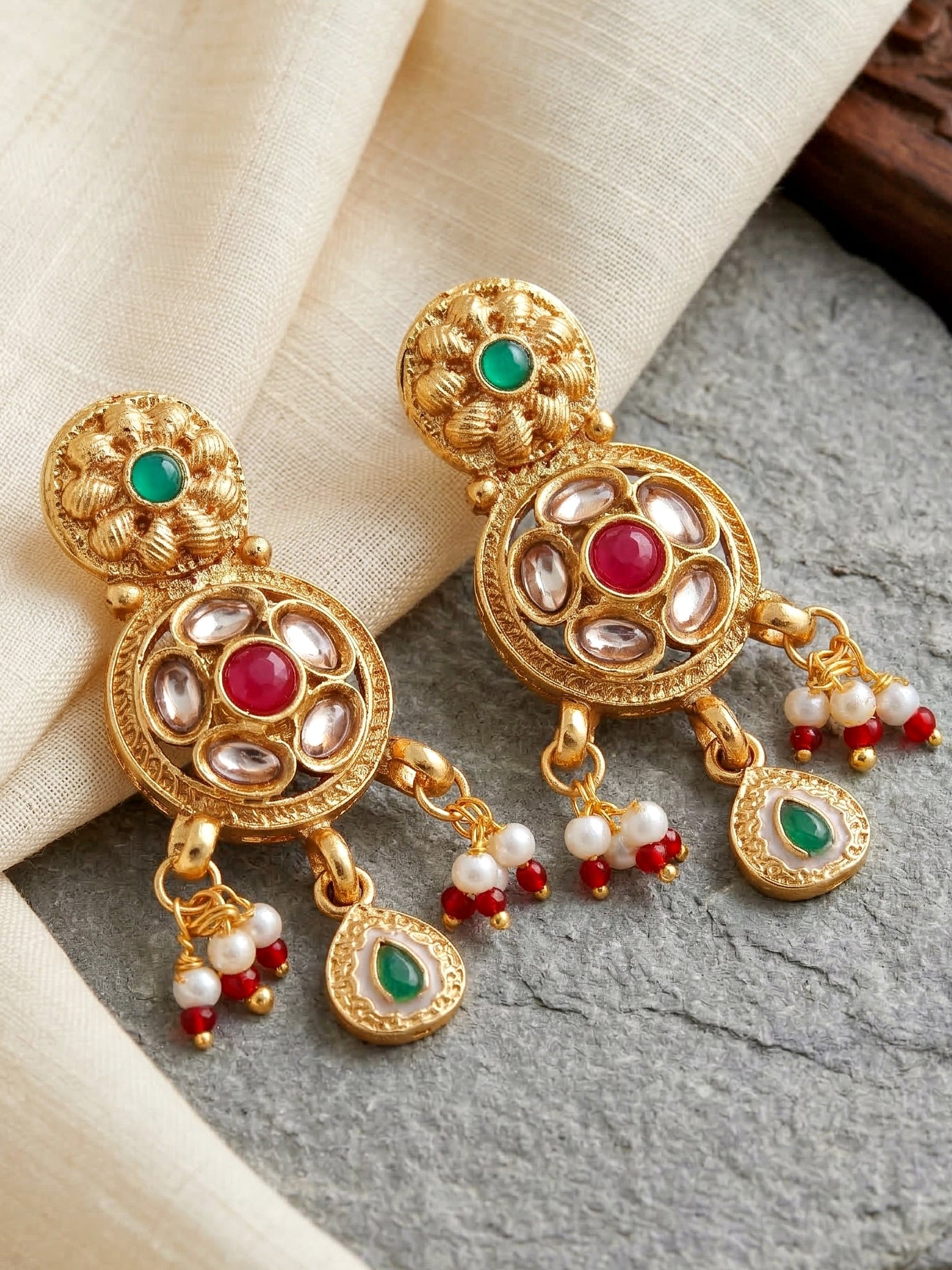 Lucky Jewellery Gold-Plated Ruby & Green Color Necklace Set (750-G2SR-268-RG)