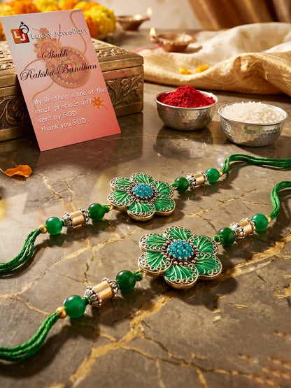 Set of 2 Green Floral Rakhi for Brother with Beads, Gold Accents, Roli & Chawal & Card (106-CHR1-1967-G-S-2-2026)