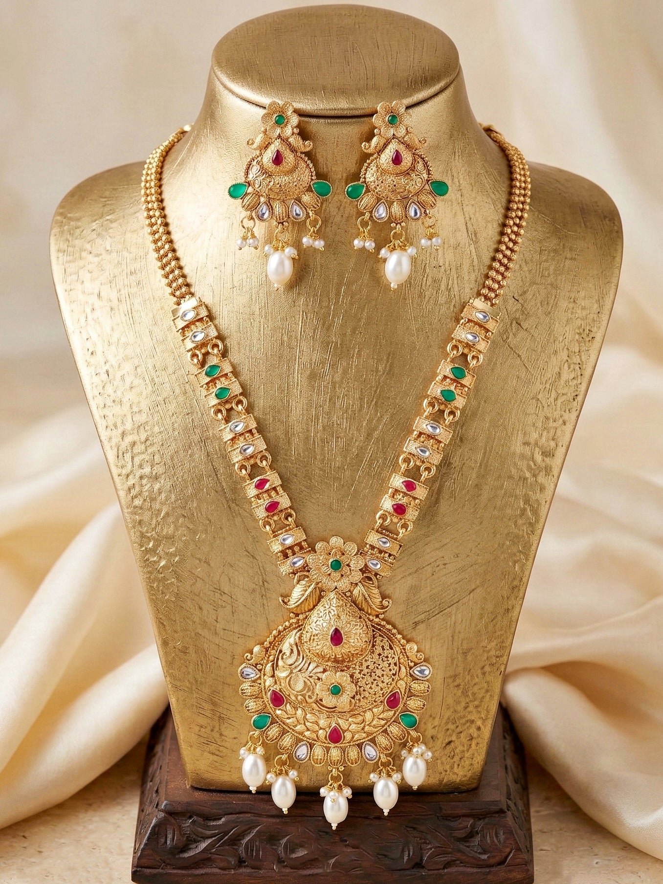 Lucky Jewellery Gold-Plated Ruby & Green Color Long Necklace Set (660-G2SR-203-RG)