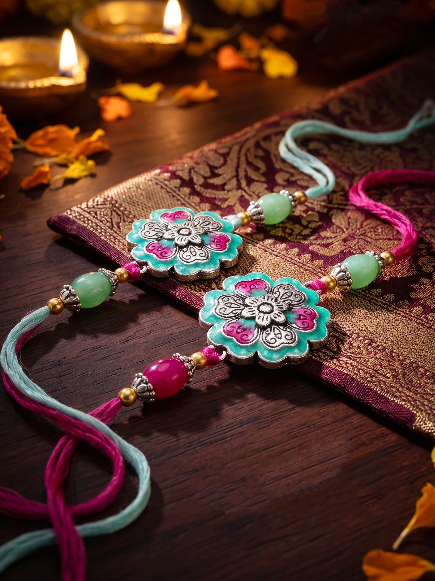 Set of 2 Floral Rakhi for Brother with Magenta & Mint Beads, Roli Chawal & Card (108-CHR1-1966-MNTR-S-2-2026)
