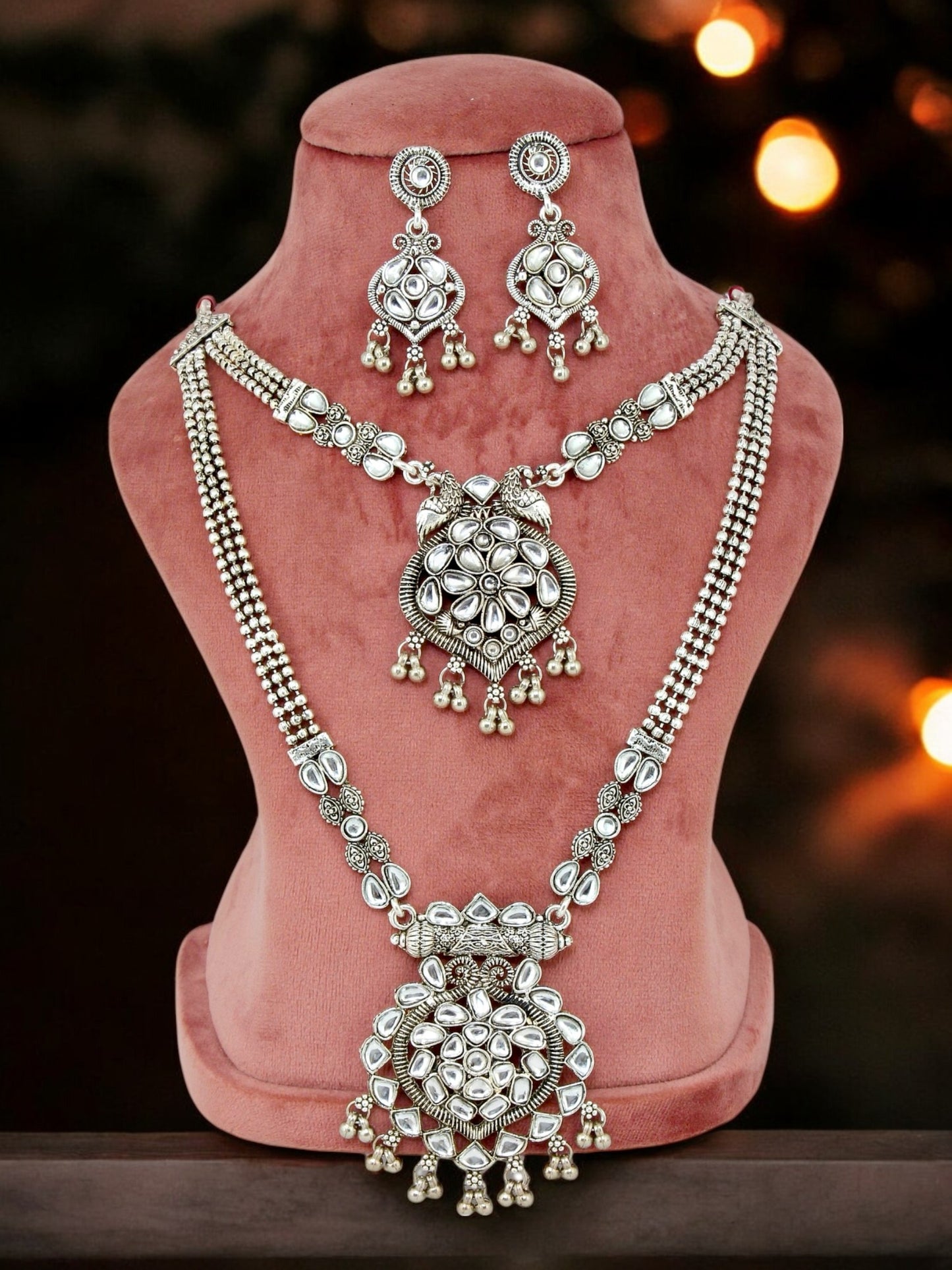 Oxidised Silver Plating Navratri Festival Jewellery Necklace Set with Earrings