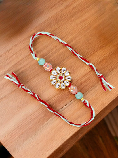 Lucky Jewellery Designer Kundan Stone Floral Rakhi - Rakshabandhan Rakhee with Lumba Bracelet for Brother/Bhaiya/Bhai/Bhabhi - Pack of 2 (173-CHR1-1849-2)