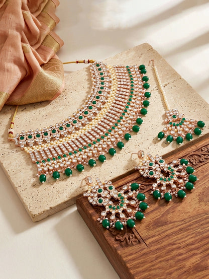Rose Gold Plated AD Green Stone & Pearl Bridal Choker Jewellery Set with Maang Tikka (974-B5SP-007-G)