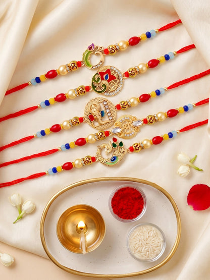 Lucky Jewellery Set of 5 Designer Rakhi for Brother | Golden Om, Ganesha & Peacock Beaded Threads | Premium Raksha Bandhan with Roli, Chawal & Greeting Card (360-S5R1-2305-5)