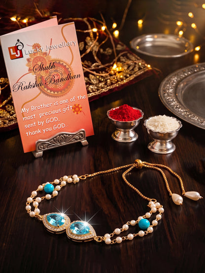 Adjustable Rakhi Bracelet with Blue drop AD Pendant, Turquoise & Beads,Roli Chawal & Card (233-CHB2-1279-F-2026)