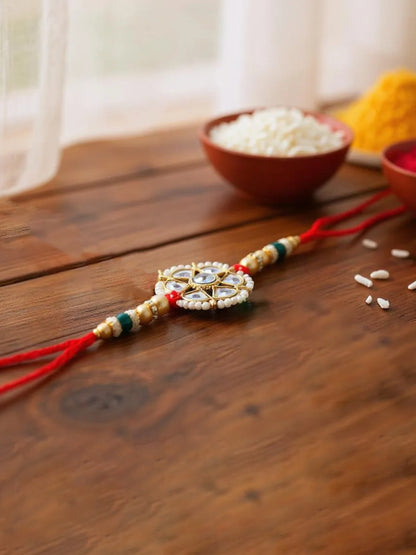 Lucky Jewellery Designer Kundan Floral Rakhi - Rakshabandhan Pearl Rakhee with Lumba Bracelet for Brother/Bhaiya/Bhai/Bhabhi - Pack of 2 (118-JPCR1-1850-2)