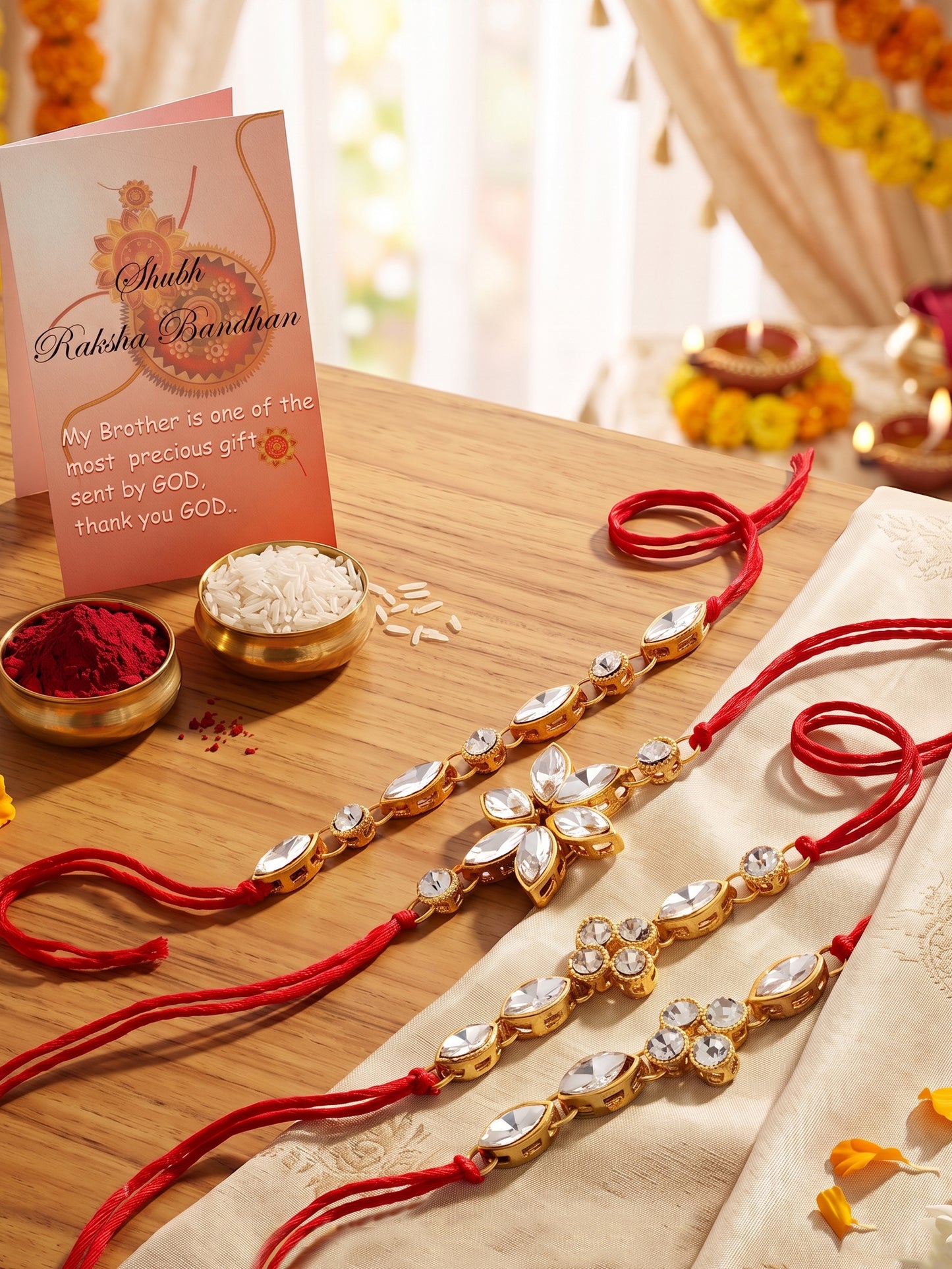 LUCKY JEWELLERY Traditional Rakhi for Brother/Bhaiya – Gold Plated Red Thread Rakshabandhan Rakhie White Stones for Bhai/Bhabhi (Pack of 4) – Fancy Rakhee Bracelet Rakshasutra (149-L1R1-11-W-4-2026)