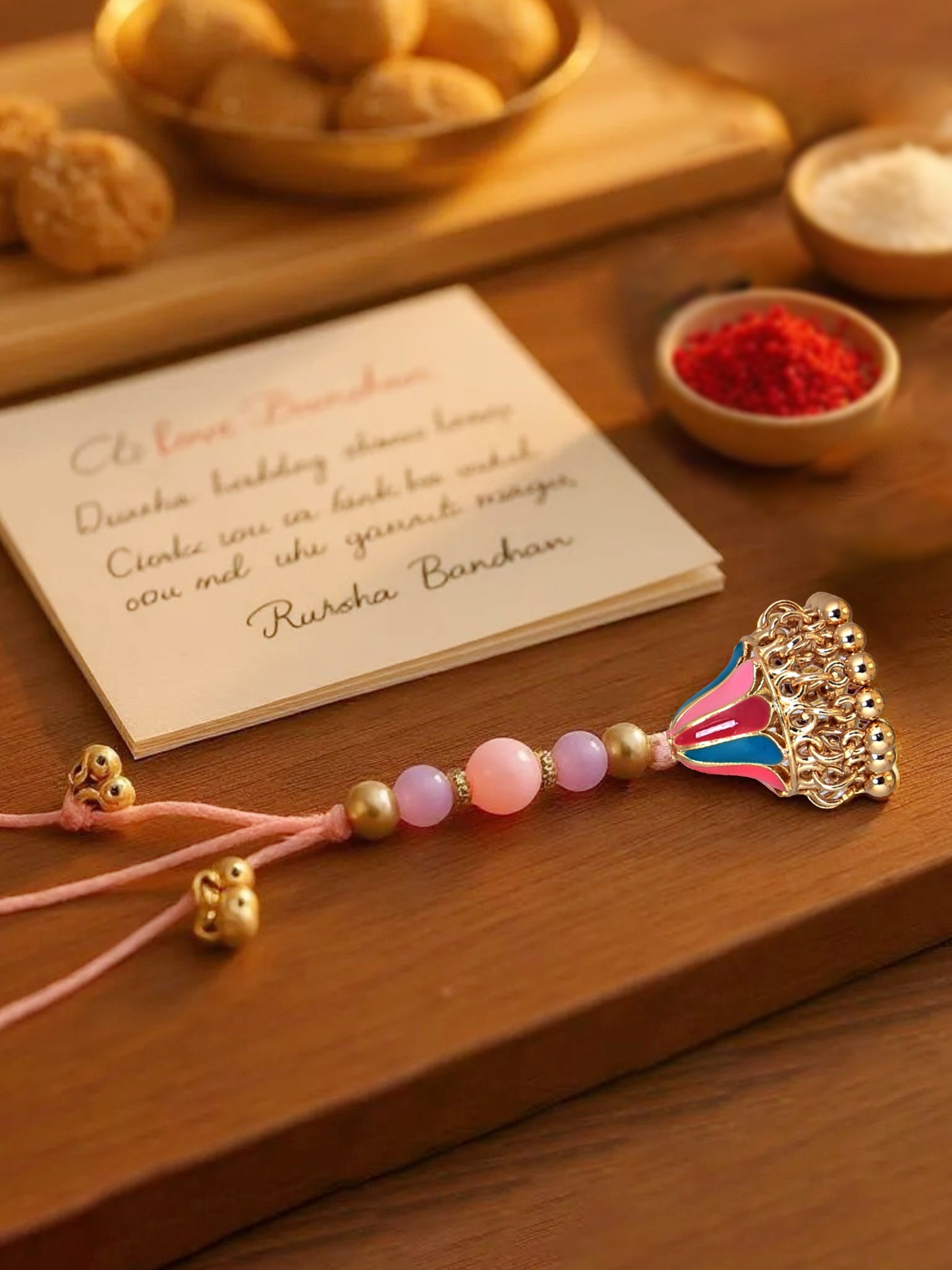 Lucky Jewellery Designer Gold Plated Pink & Turquoise Color Meenakari Rakhi - Rakshabandhan Rakhee with Tasseled Lumba Bracelet for Brother Bhaiya Bhai Bhabhi - Pack of 2 (240-CHCR1-1146-PKB-2)