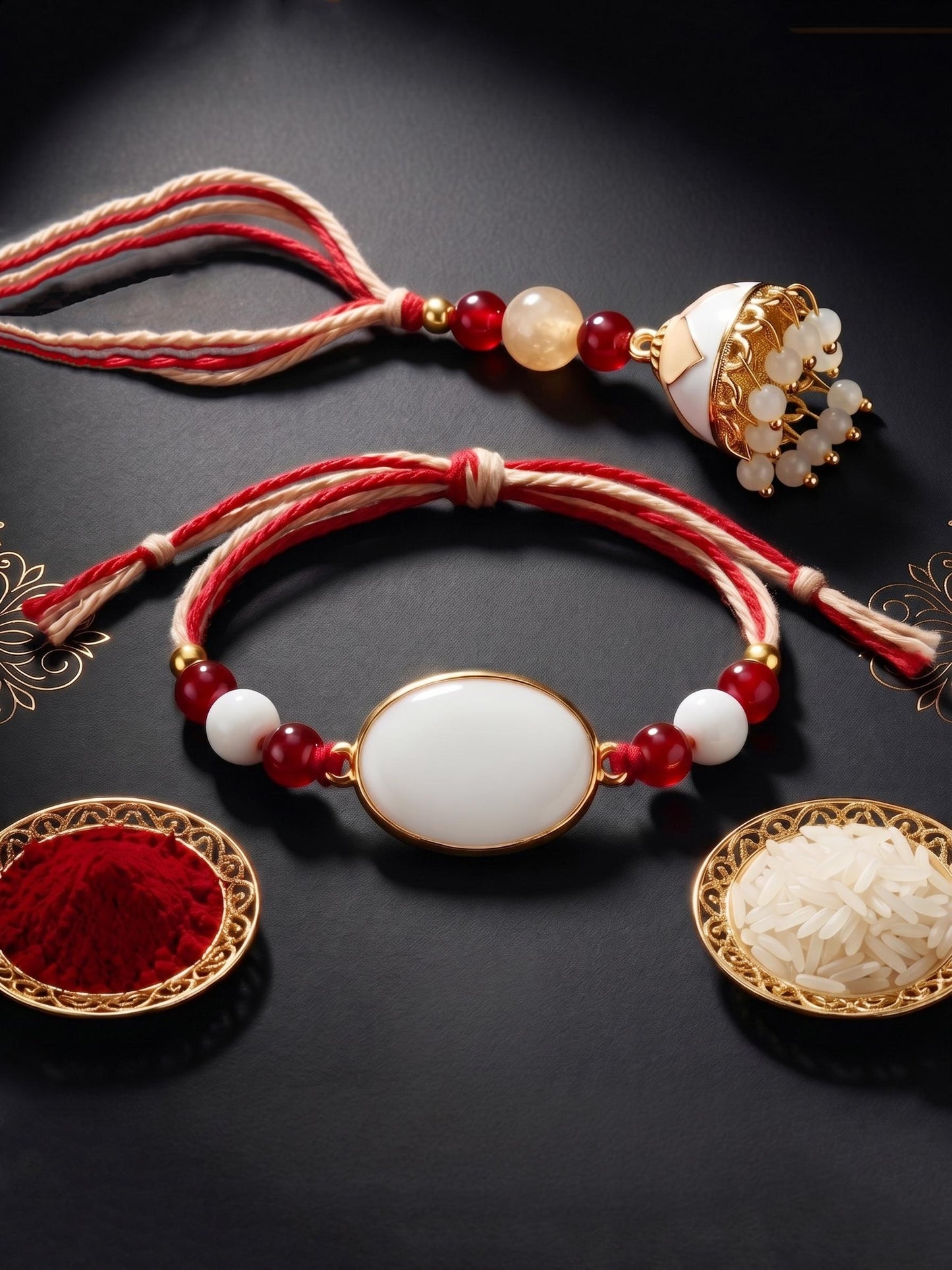 Set of 2 White & Maroon Bhaiya Bhabhi Rakhi Set, Designer Lumba with Beads, Roli, Chawal & Card (265-CHCR1-1151-W-2-2026)
