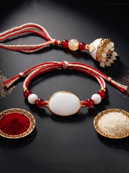 Set of 2 White & Maroon Bhaiya Bhabhi Rakhi Set, Designer Lumba with Beads, Roli, Chawal & Card (265-CHCR1-1151-W-2-2026)