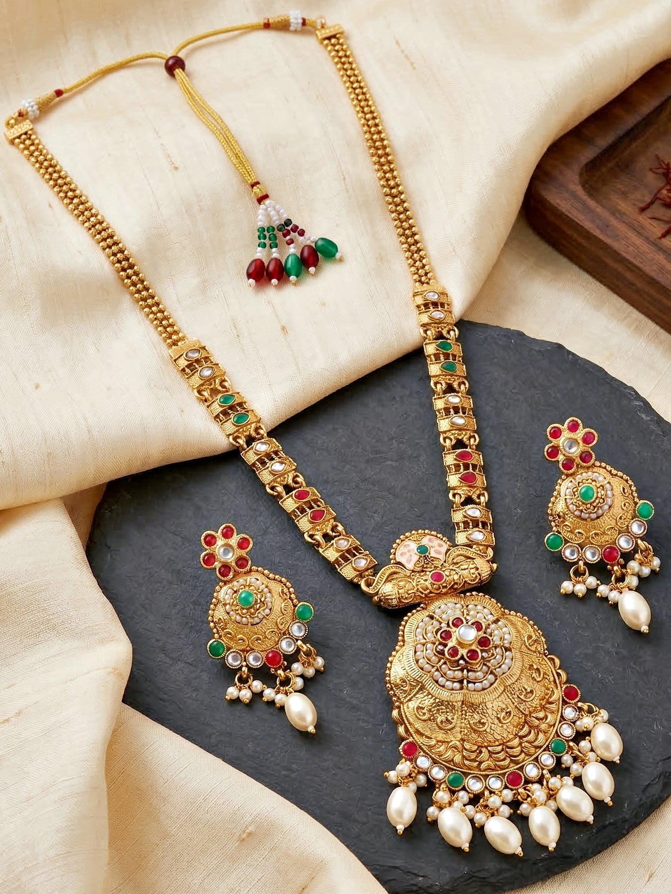 Lucky Jewellery Gold-Plated Ruby & Green Color Long Necklace Set (816-G2SR-205-RG)