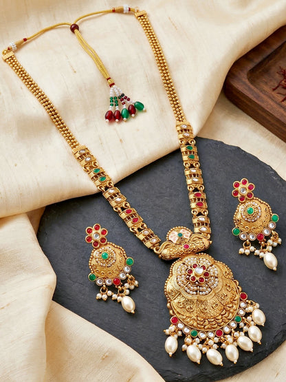 Lucky Jewellery Gold-Plated Ruby & Green Color Long Necklace Set (816-G2SR-205-RG)