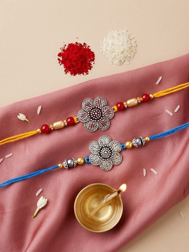 Set of 2 Floral Pendant Rakhi for Brother with Maroon & Blue Beads, Roli Chawal & Card (108-CHR1-1967-S-2-2026)