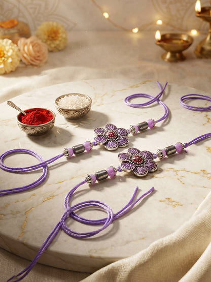 Set of 2 Purple Floral Rakhi for Brother with Silver Accents, Lavender Beads, Roli & Chawal & Card (106-CHR1-1967-P-S-2-2026)