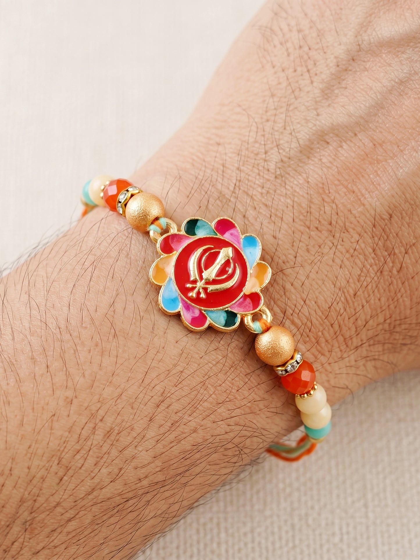 Khanda Sahib Punjabi Sikh Symbol Beaded Rakhi for Brother With Roli Chawal & Greeting Card (102-S5R1-JMD0215)