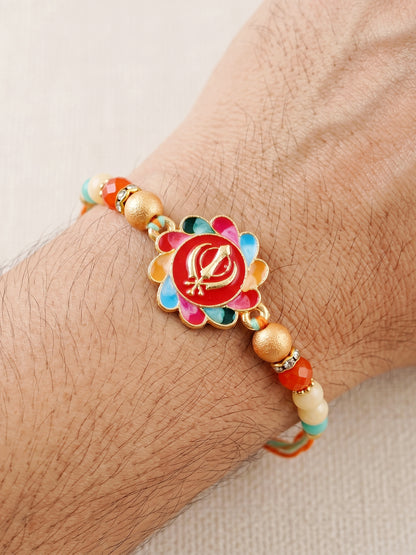 Khanda Sahib Punjabi Sikh Symbol Beaded Rakhi for Brother With Roli Chawal & Greeting Card (102-S5R1-JMD0215)