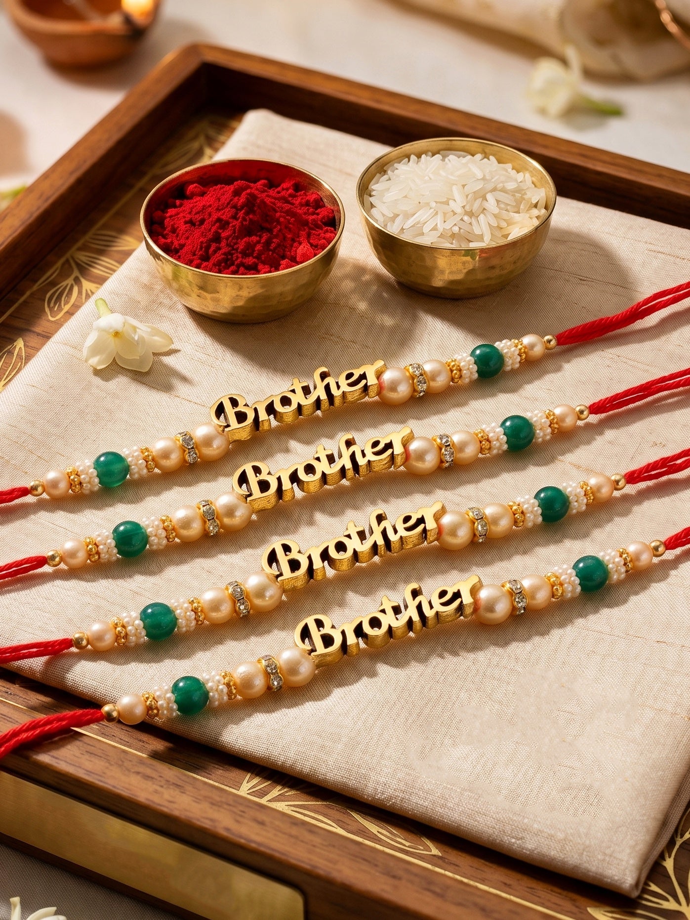 Set of 4 Gold Brother Text Rakhi with Green Beads, Roli Chawal & Card (102-CHR1-1964-4-2026)