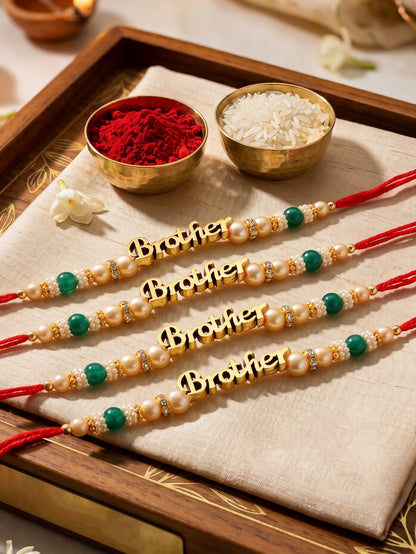 Set of 4 Gold Brother Text Rakhi with Green Beads, Roli Chawal & Card (102-CHR1-1964-4-2026)