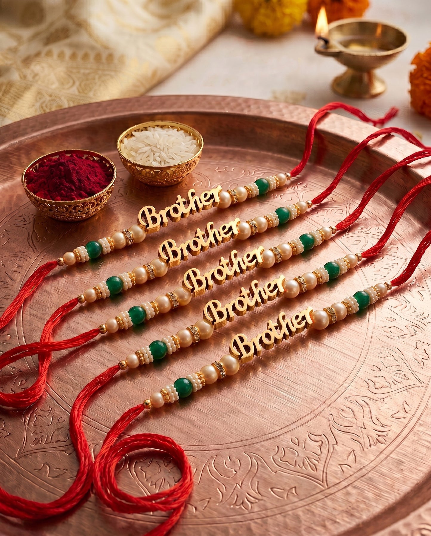 Set of 5 Brother Pendant Rakhi with Green & Smooth White Beads, Roli Chawal & Card (120-CHR1-1964-5-2026)