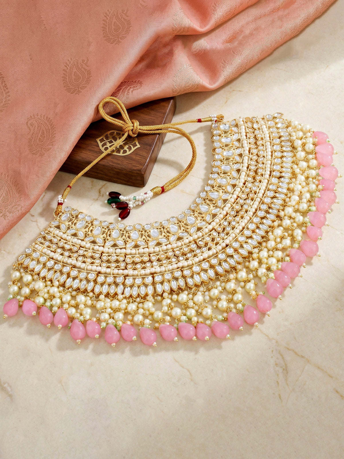 Gold Plated Kundan & Pearl Pink Stone Bridal Choker Jewellery Set with Maang Tikka (1683-ISK-855-PK)