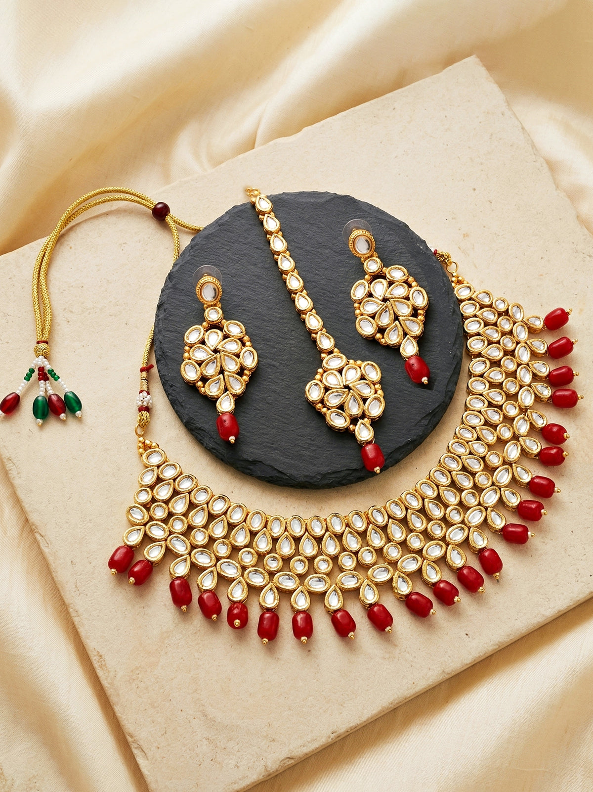 Handcrafted Kundan Maroon Beaded Choker Jewellery Set with Maang Tikka, 18K Gold Plated (842-B5SP-005-M)
